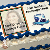 A placeholder image with text "Add Custom Image Here" over a blurred photo of a person wearing a plaid shirt, set against a light outdoor background. Printed on a photo sheet cake.