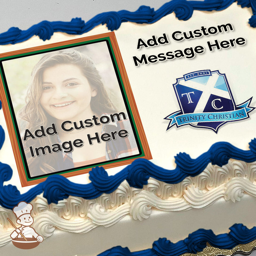 A placeholder image with text "Add Custom Image Here" over a blurred photo of a person wearing a plaid shirt, set against a light outdoor background. Printed on a photo sheet cake.