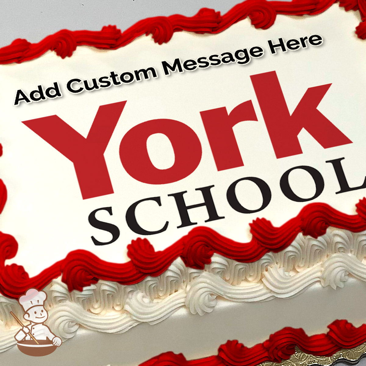 The image printed on the sheet cake features the text "York School" in bold red and black letters on a white background. Printed on a photo sheet cake.