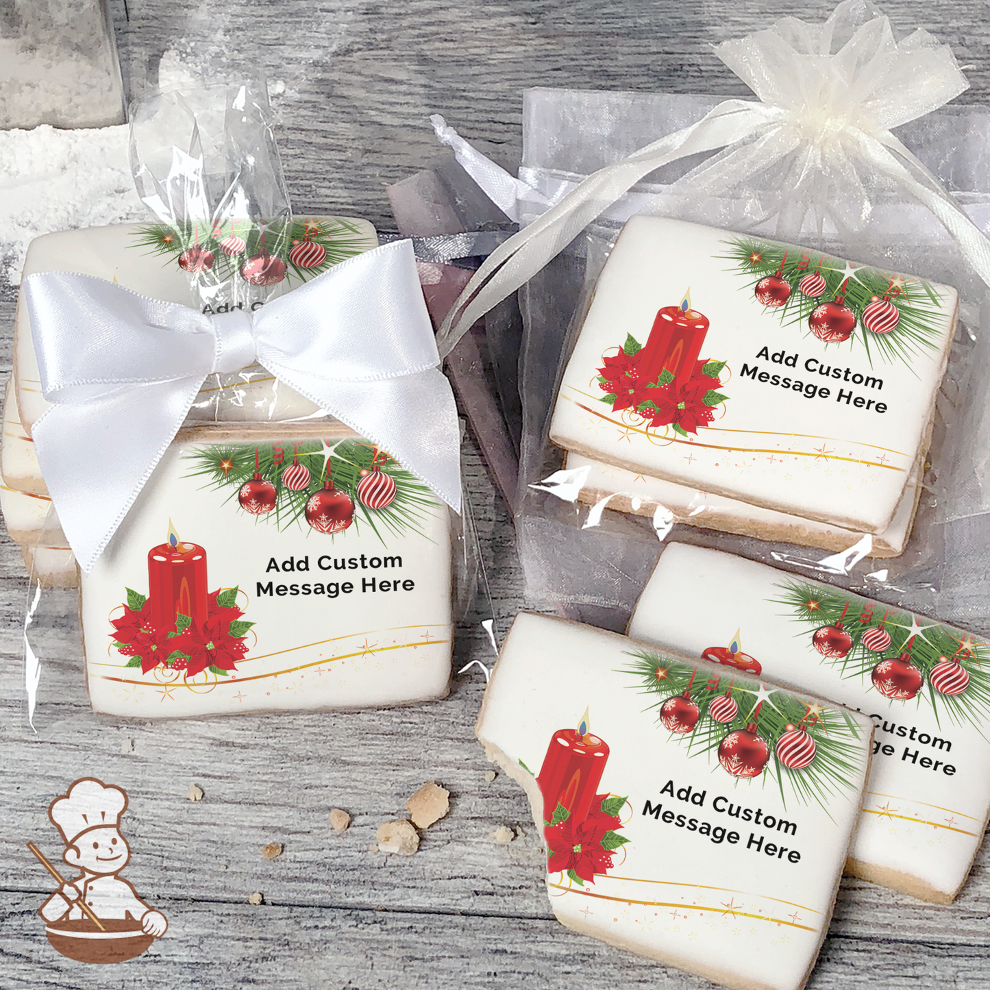 Holiday Poinsettias and Candle Custom Message Cookies (Rectangle)