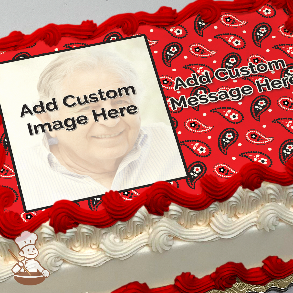 Custom Photo Cake Red Paisleys Custom Photo Cake | Freedom Bakery