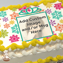 Load image into Gallery viewer, Colorful Snowflakes and Presents Custom Photo Cake