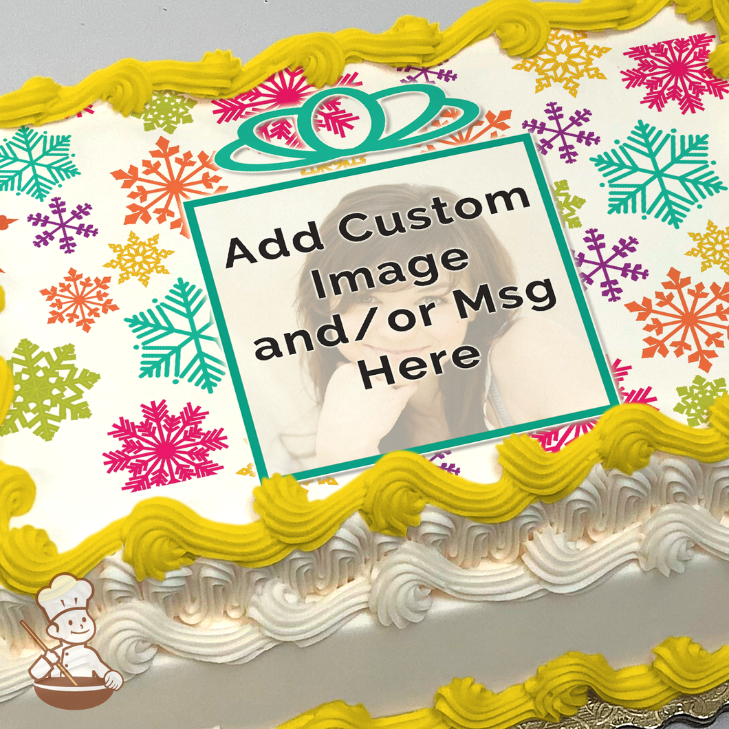 Colorful Snowflakes and Presents Custom Photo Cake
