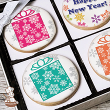 Load image into Gallery viewer, Colorful Snowflakes and Presents Cookie Gift Box (Round)