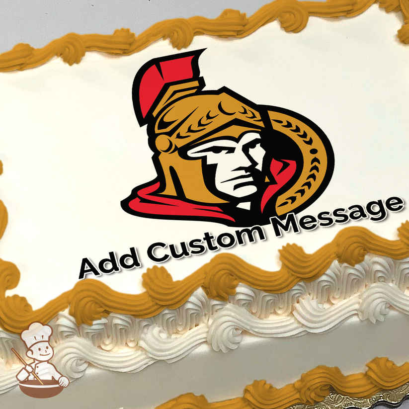 Illustration of a Trojan warrior in profile with a red and gold helmet, printed on a sheet cake.