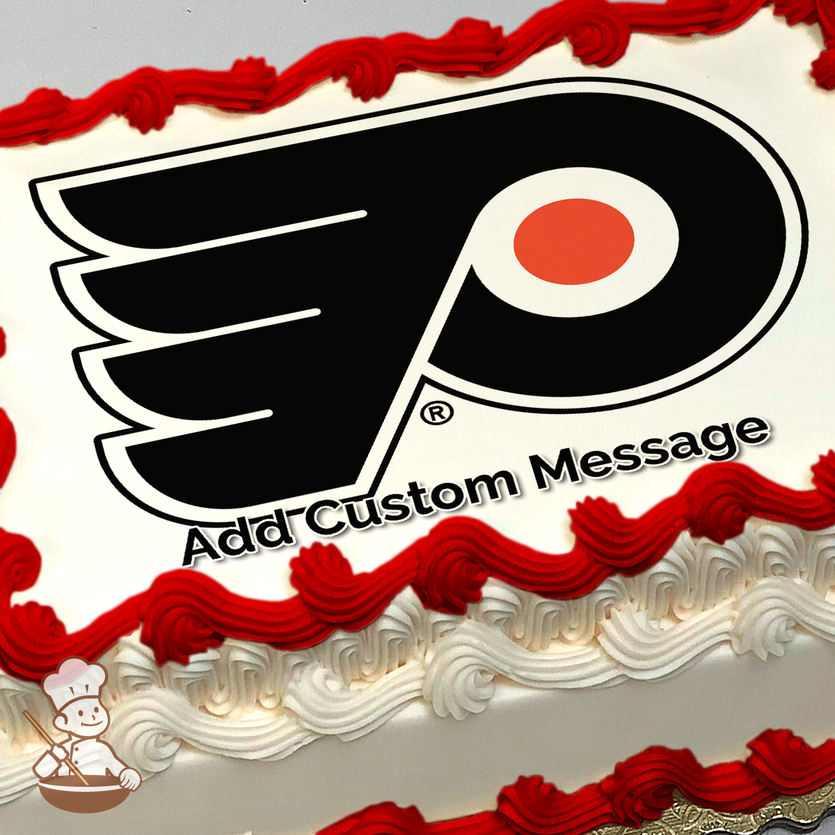 Philadelphia Flyers logo with a black wing and white P on a grey background, printed on a sheet cake.