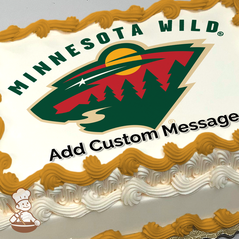 Minnesota Wild hockey team logo with a forest landscape and setting sun, printed on a sheet cake.