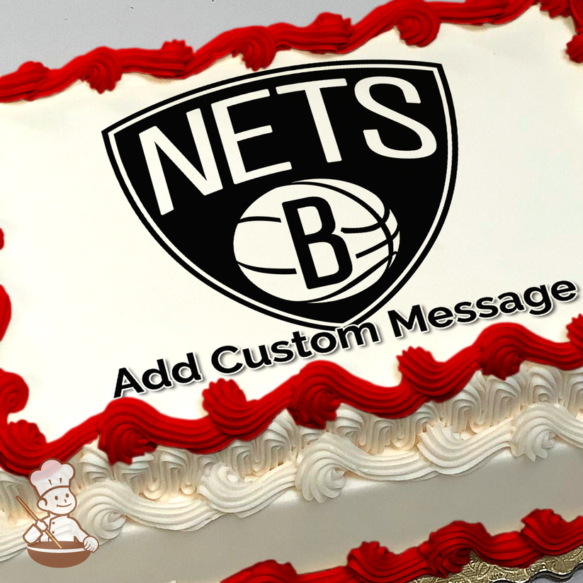 Brooklyn Nets basketball team logo with a black and white shield, basketball, and bold "NETS" lettering, printed on a sheet cake.