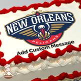 New Orleans Pelicans logo with a pelican and wings against a white background, printed on a sheet cake.