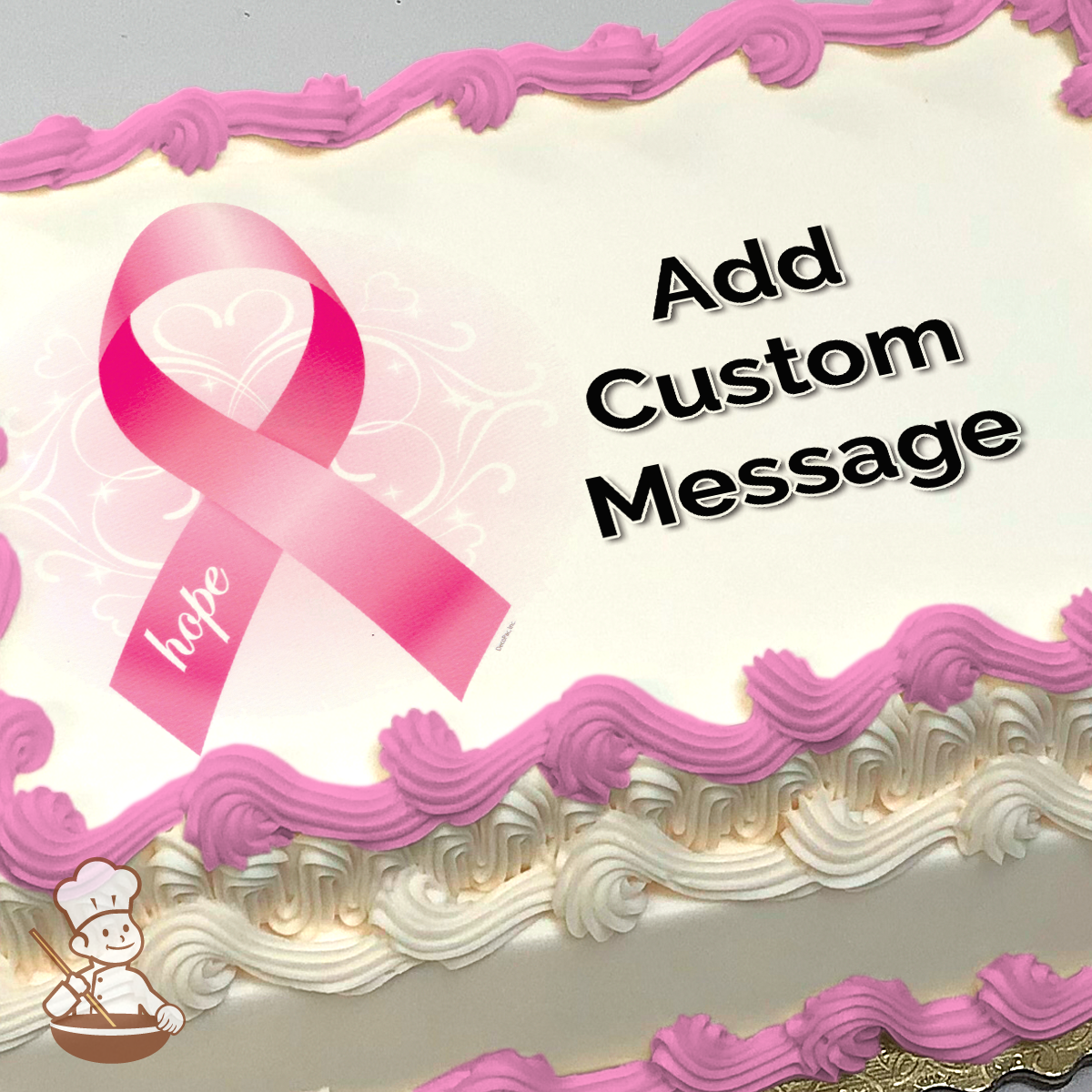 Pink Breast Cancer Awareness ribbon with 'Hope' text on a subtle heart-patterned background, printed on a sheet cake.