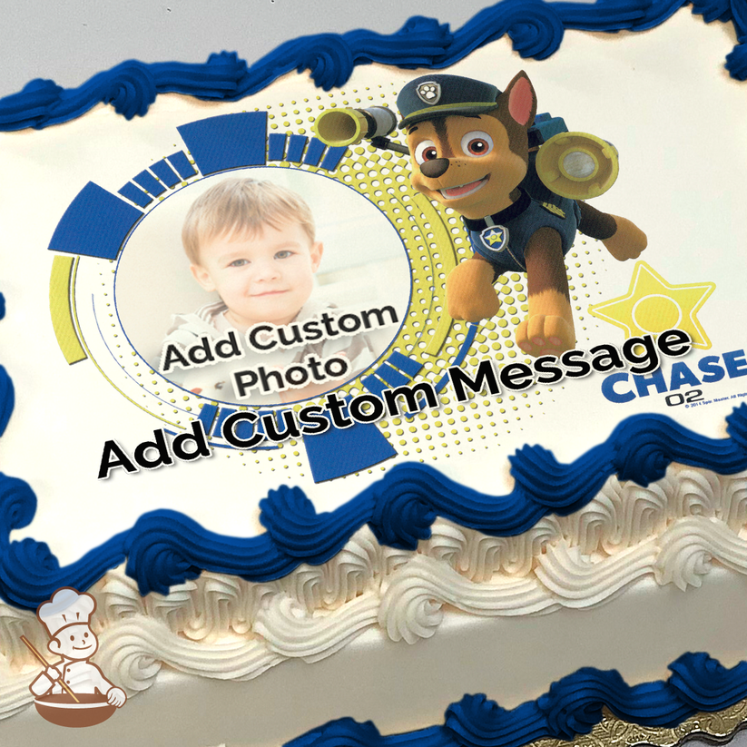 Illustration of Chase from PAW Patrol next to a placeholder for a custom photo, with a badge and stars design, printed on a sheet cake.