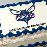 Charlotte Hornets logo with a hornet and basketball design, printed on a sheet cake.