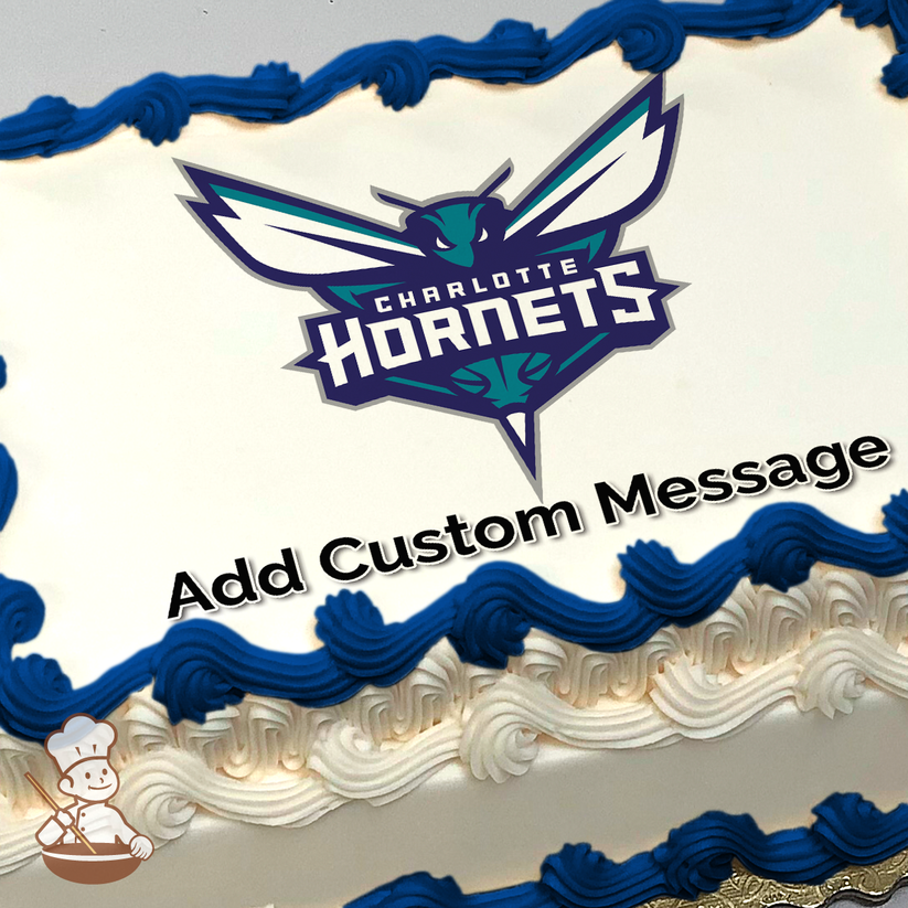 Charlotte Hornets logo with a hornet and basketball design, printed on a sheet cake.