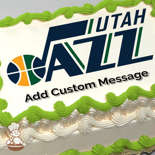 Utah Jazz basketball team logo with a basketball graphic, printed on a sheet cake.