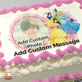 Disney Princesses Belle, Cinderella, and friends in a whimsical pink floral frame on a cake print.