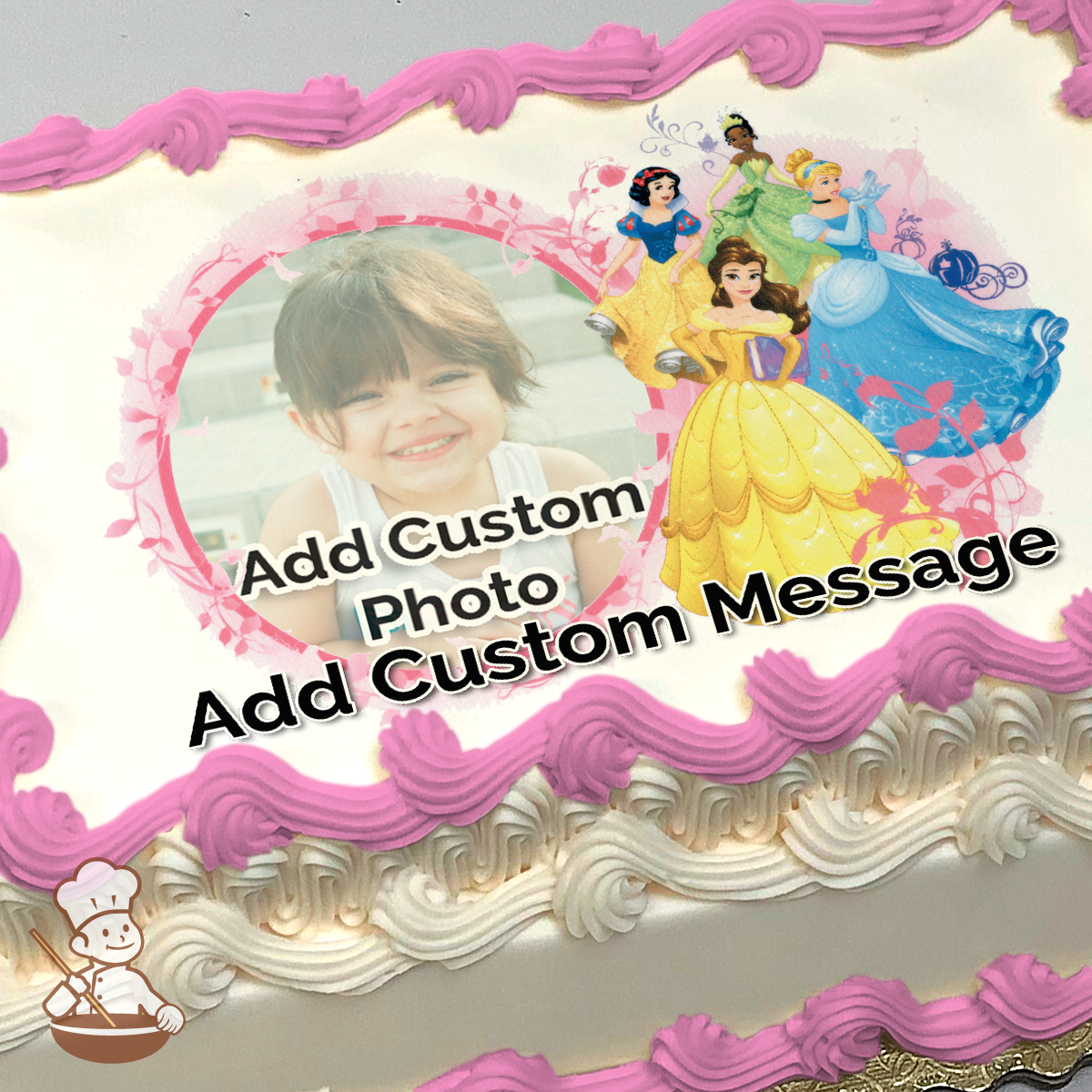 Disney Princesses Belle, Cinderella, and friends in a whimsical pink floral frame on a cake print.