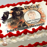 Illustration of Captain Jack Sparrow with a ship, alongside a circular frame for a custom photo, all printed on a sheet cake.