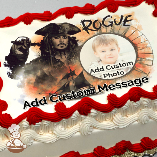 Illustration of Captain Jack Sparrow with a ship, alongside a circular frame for a custom photo, all printed on a sheet cake.