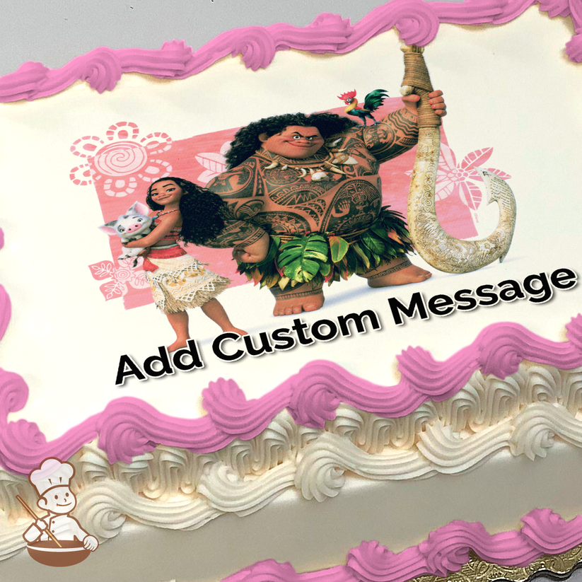 Moana and Maui with Pua and Heihei on a pink Polynesian-patterned background, printed on a sheet cake.
