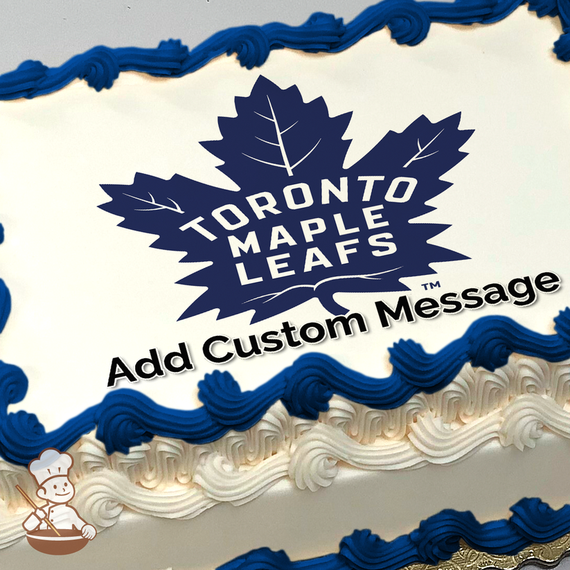 Logo of the Toronto Maple Leafs, with a large maple leaf and team name, on a solid background, printed on a sheet cake.