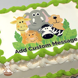 Cartoon elephant, giraffe, and lion with friends in jungle setting, printed on a sheet cake.