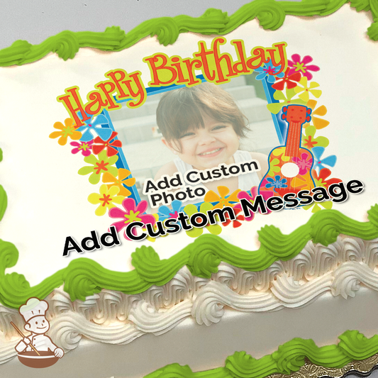 Colorful luau-themed birthday design with tropical flowers and a ukulele, printed on a sheet cake.