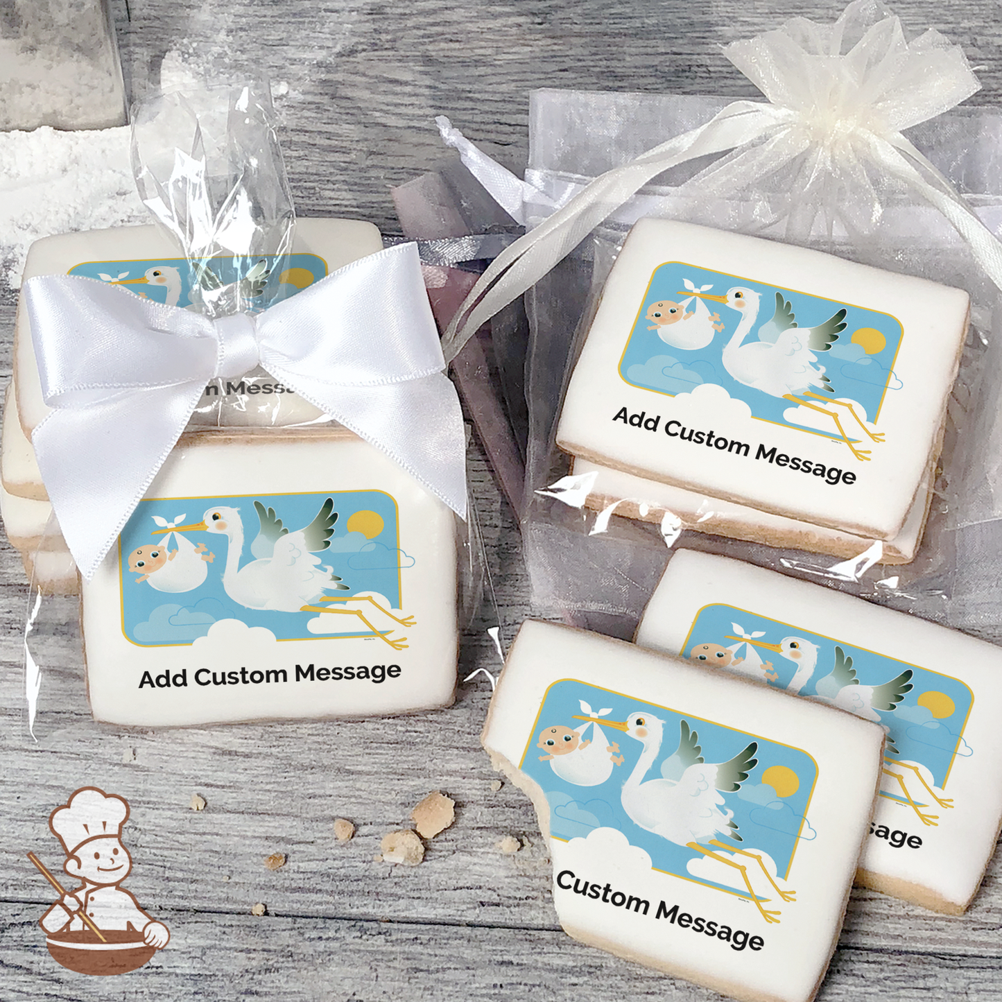 Stork and Baby Custom Message Cookies (Rectangle)