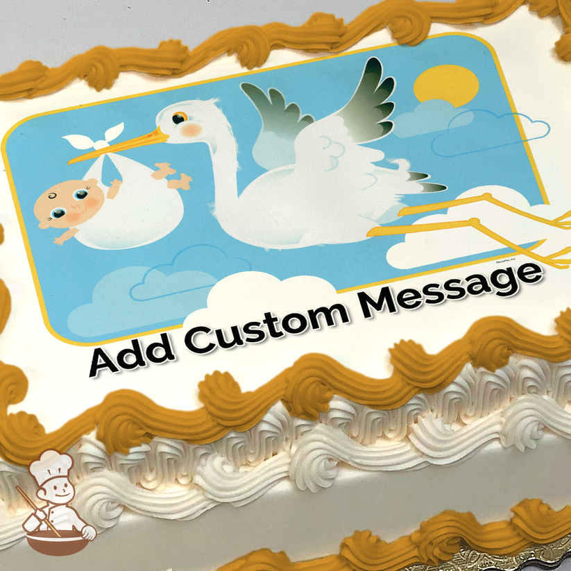 Illustration of a stork carrying a smiling baby against a blue sky with clouds and sun, printed on a sheet cake.