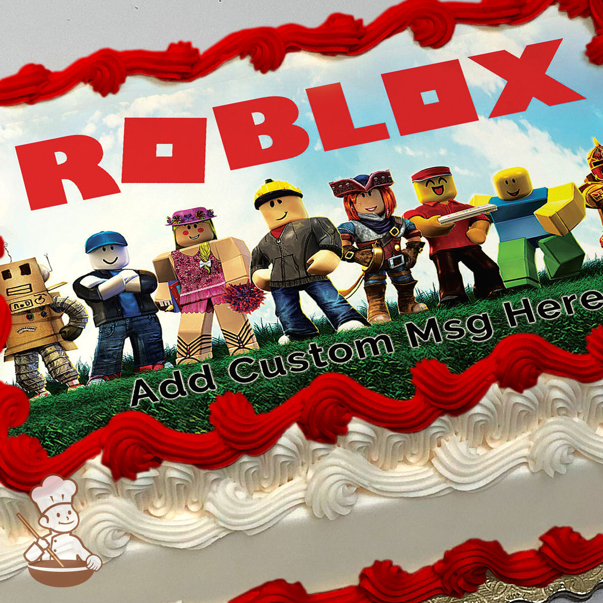 Popular Roblox characters printed on extra cake layer and decorated on rectangle sheet cake.