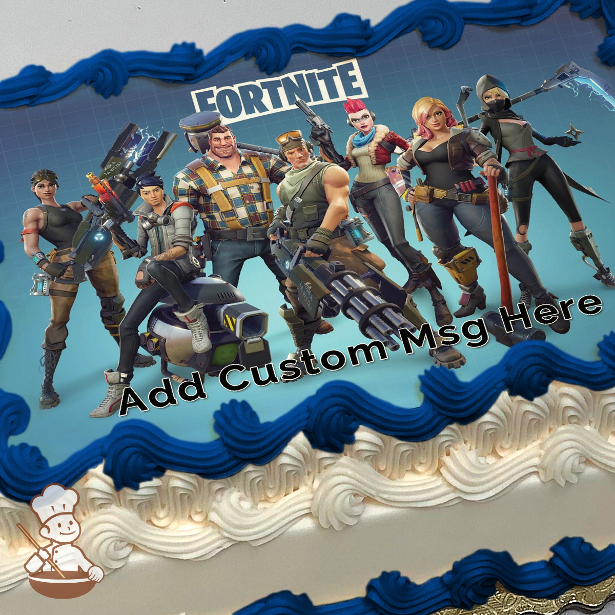 Popular Fortnite characters printed on extra cake layer and decorated on rectangle sheet cake.