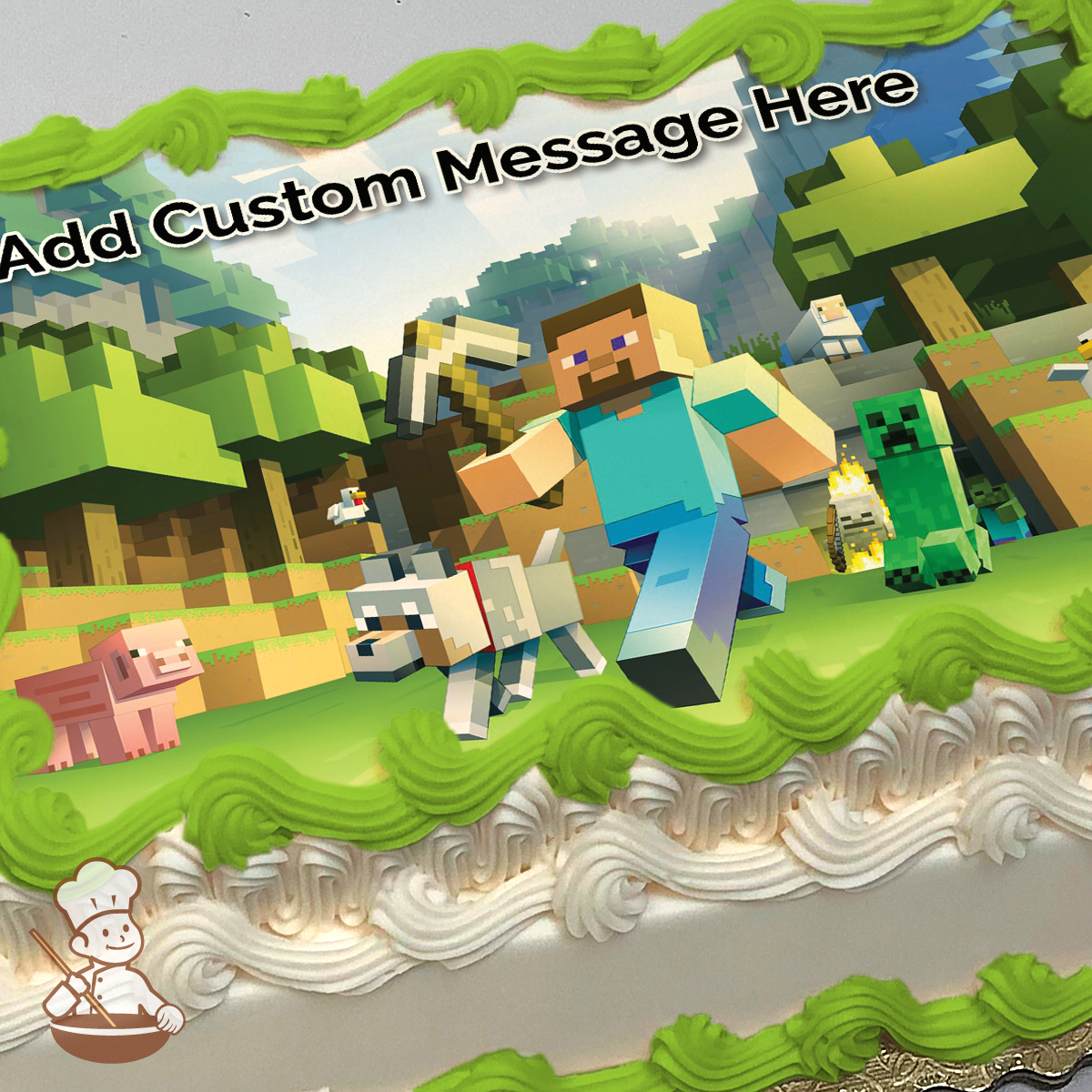 Minecraft Steve and wolf printed on extra cake layer and decorated on rectangle sheet cake.