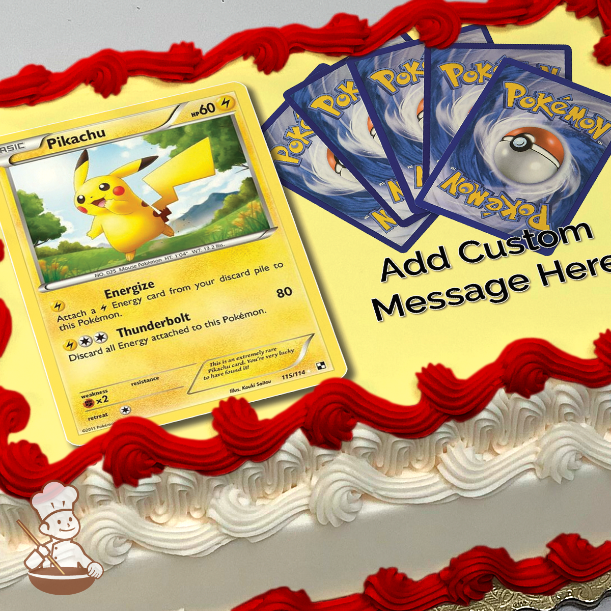 Pikachu player card with Pokemon cards printed on extra cake layer and decorated on rectangle sheet cake.