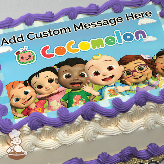 The kids of Cocomelon show printed on extra cake layer and decorated on rectangle sheet cake.