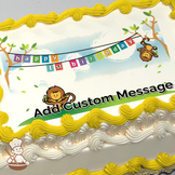 playful monkeys and a chef bear on a "Happy 1st Birthday" banner, set against a sky with clouds, printed on a sheet cake.