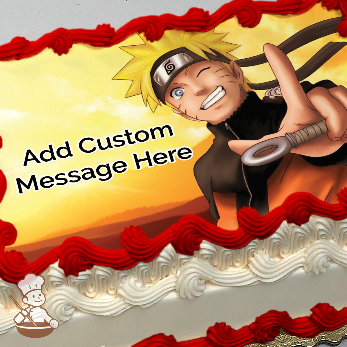 Naruto anime character, Uzumaki, printed on extra cake layer and decorated on rectangle sheet cake.