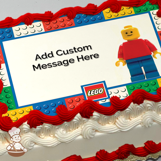 Blocks of LEGO in a frame with LEGO character printed on extra cake layer and decorated on rectangle sheet cake.