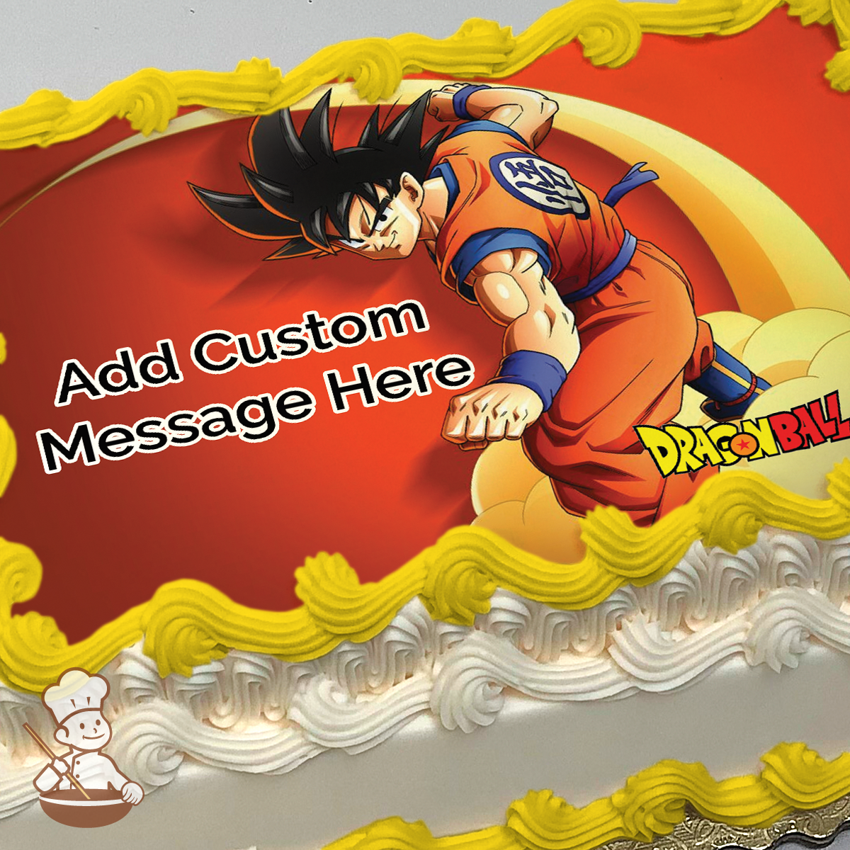 Dragonball Z Goku printed on extra cake layer and decorated on rectangle sheet cake.