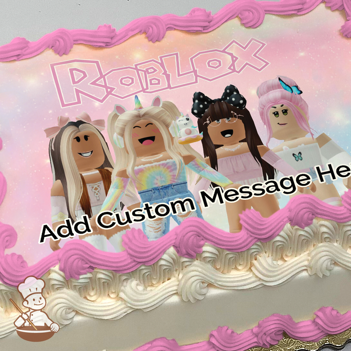Girls of Roblox printed on extra cake layer and decorated on rectangle sheet cake.