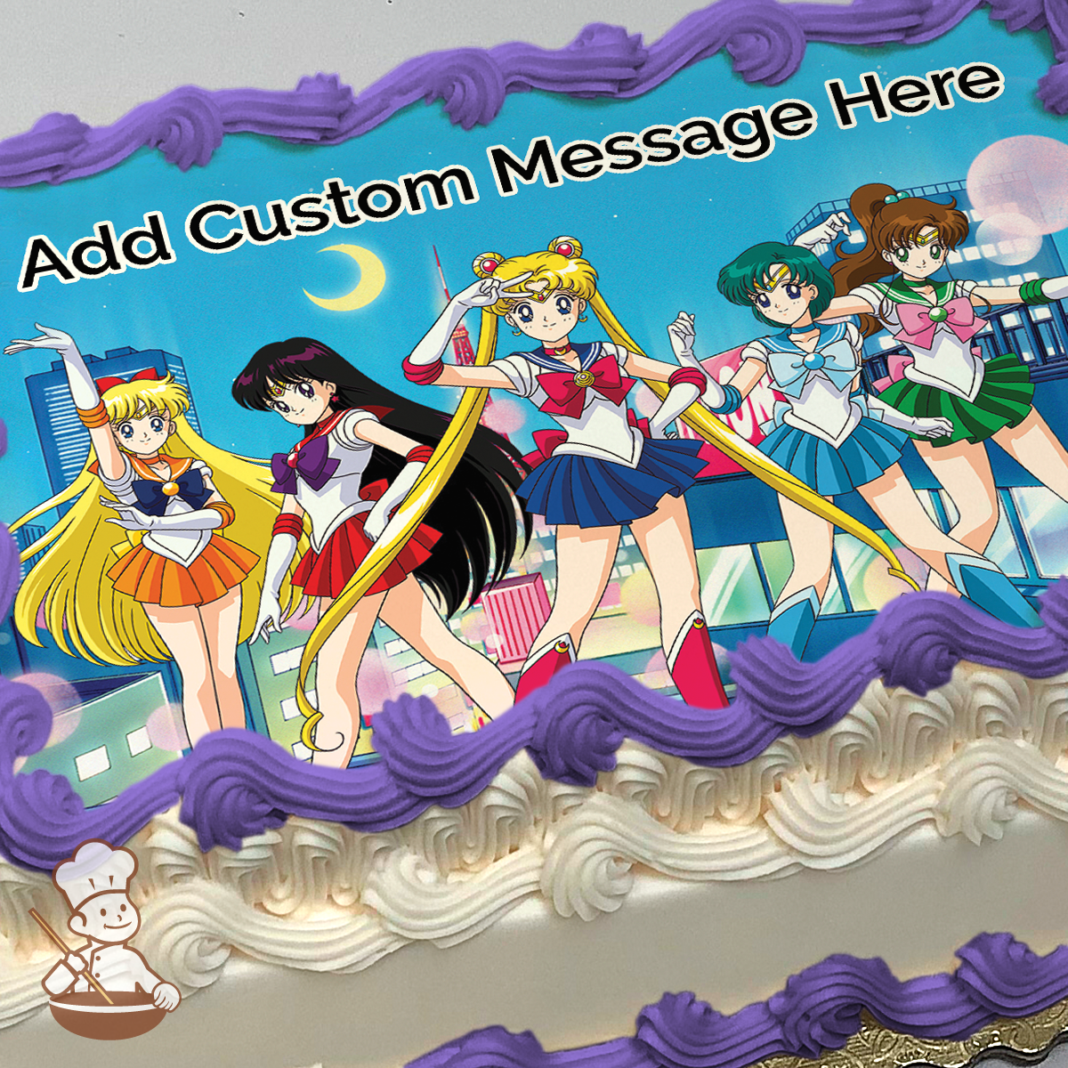 Girls of Sailor Moon printed on extra cake layer and decorated on rectangle sheet cake.