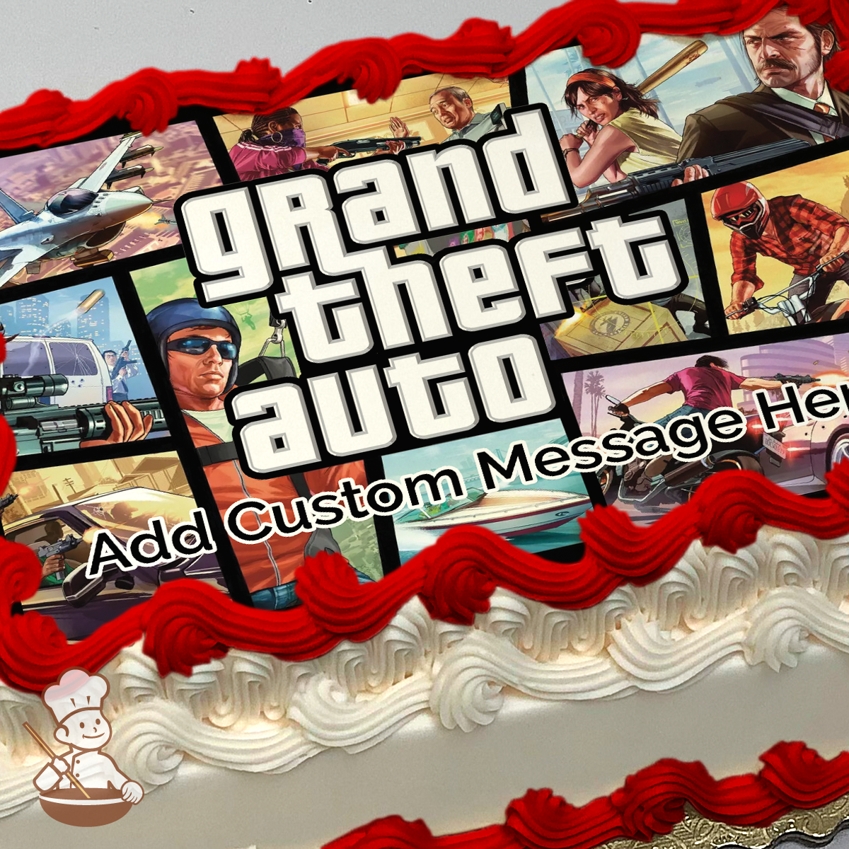 Grand Theft Auto printed on extra cake layer and decorated on rectangle sheet cake.