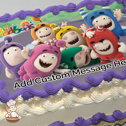 Silly characters of Oddbods printed on extra cake layer and decorated on rectangle sheet cake.
