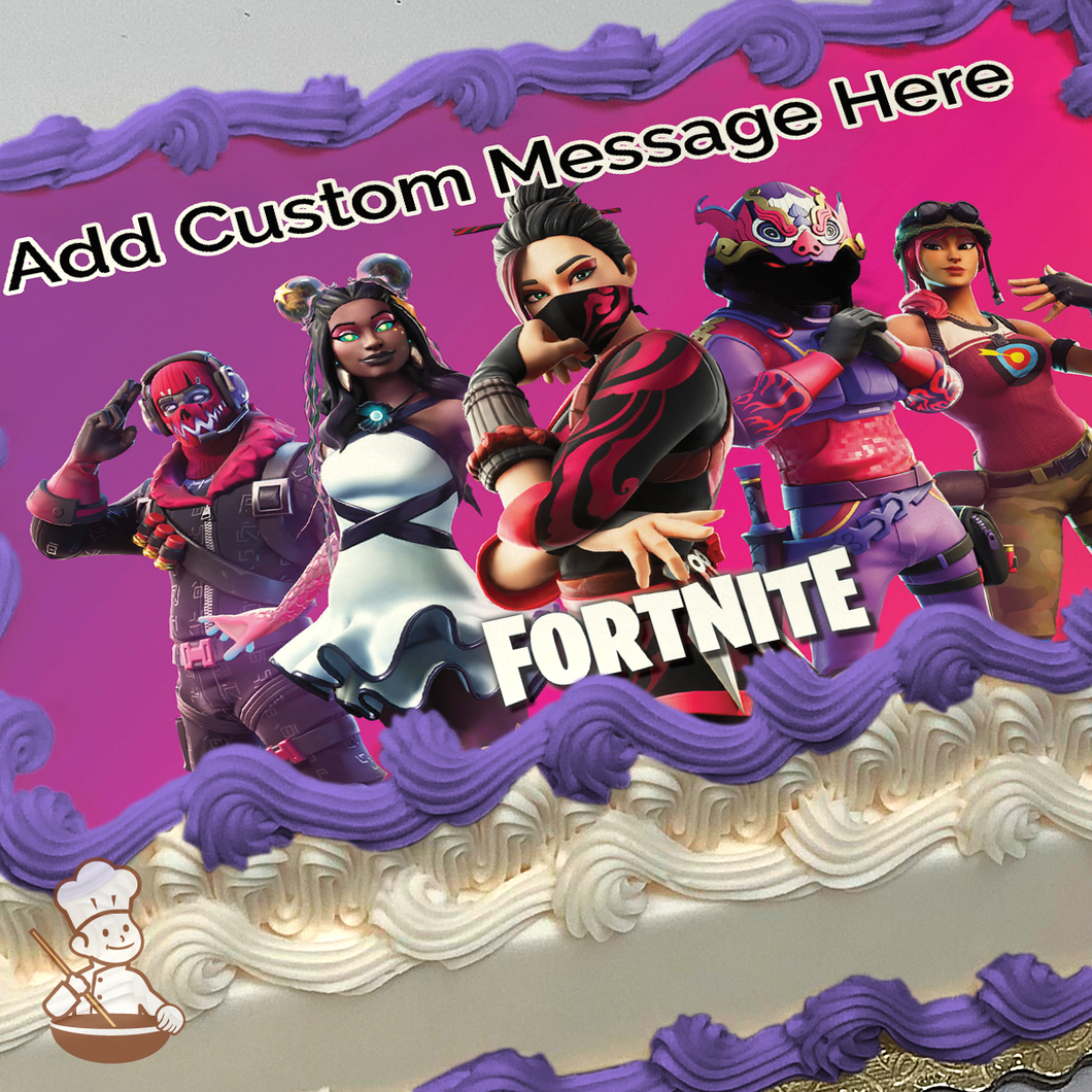 Popular female characters from Fortnite printed on extra cake layer and decorated on rectangle sheet cake.