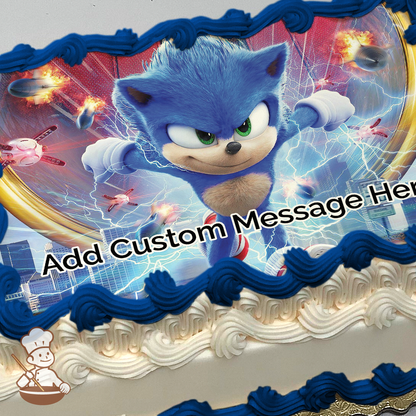 Sonic the Hedgehog printed on extra cake layer and decorated on rectangle sheet cake.
