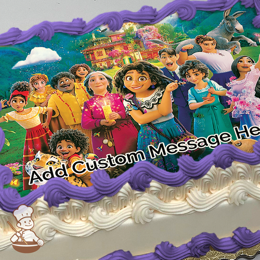 The whole cast of Encanto Disney movie printed on extra cake layer and decorated on rectangle sheet cake.