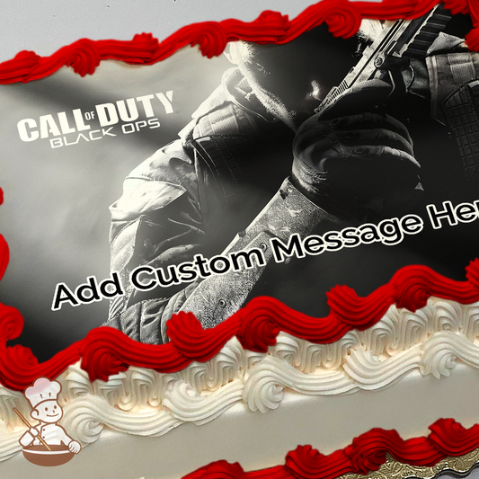 Soldier of Call of Duty Black Ops printed on extra cake layer and decorated on rectangle sheet cake.