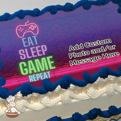 Neon gaming lights of remote control and EAT, SLEEP, GAME, REPEAT printed on extra cake layer and decorated on rectangle sheet cake.