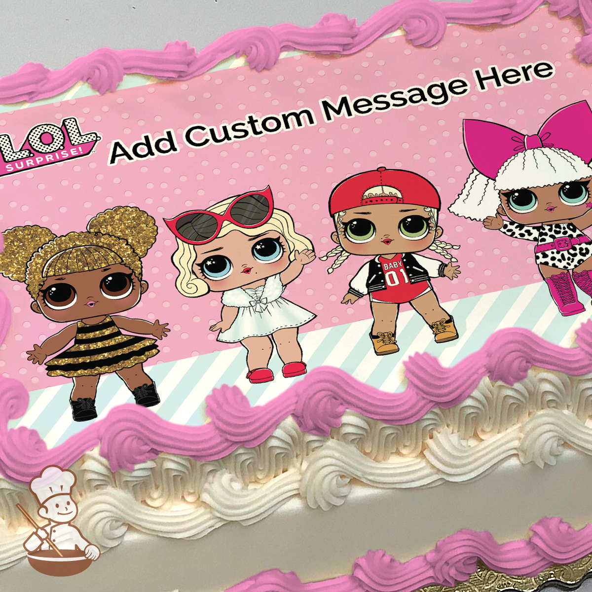 LOL Surprise Dolls printed on extra cake layer and decorated on rectangle sheet cake.