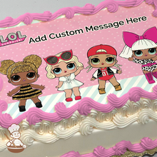Load image into Gallery viewer, LOL Surprise Dolls printed on extra cake layer and decorated on rectangle sheet cake.