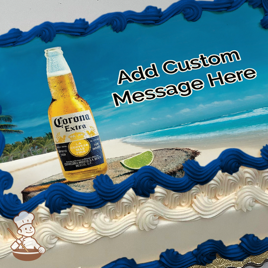 Corona beer on island printed on extra cake layer and decorated on rectangle sheet cake.