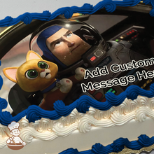 Load image into Gallery viewer, Buzz Lightyear and cat printed on extra cake layer and decorated on rectangle sheet cake.